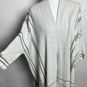 NW CHICO'S BEADED GEOMETRIC PRINT SWEATER CARDIGAN FRINGE SHAWL WRAP RUANA L/XL